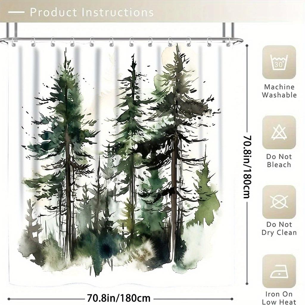 Woods Decorative Shower Curtain Bathroom Set - Machine Washable, With 12 Hooks, Including Toilet Seat Cover And Bathtub Mat
