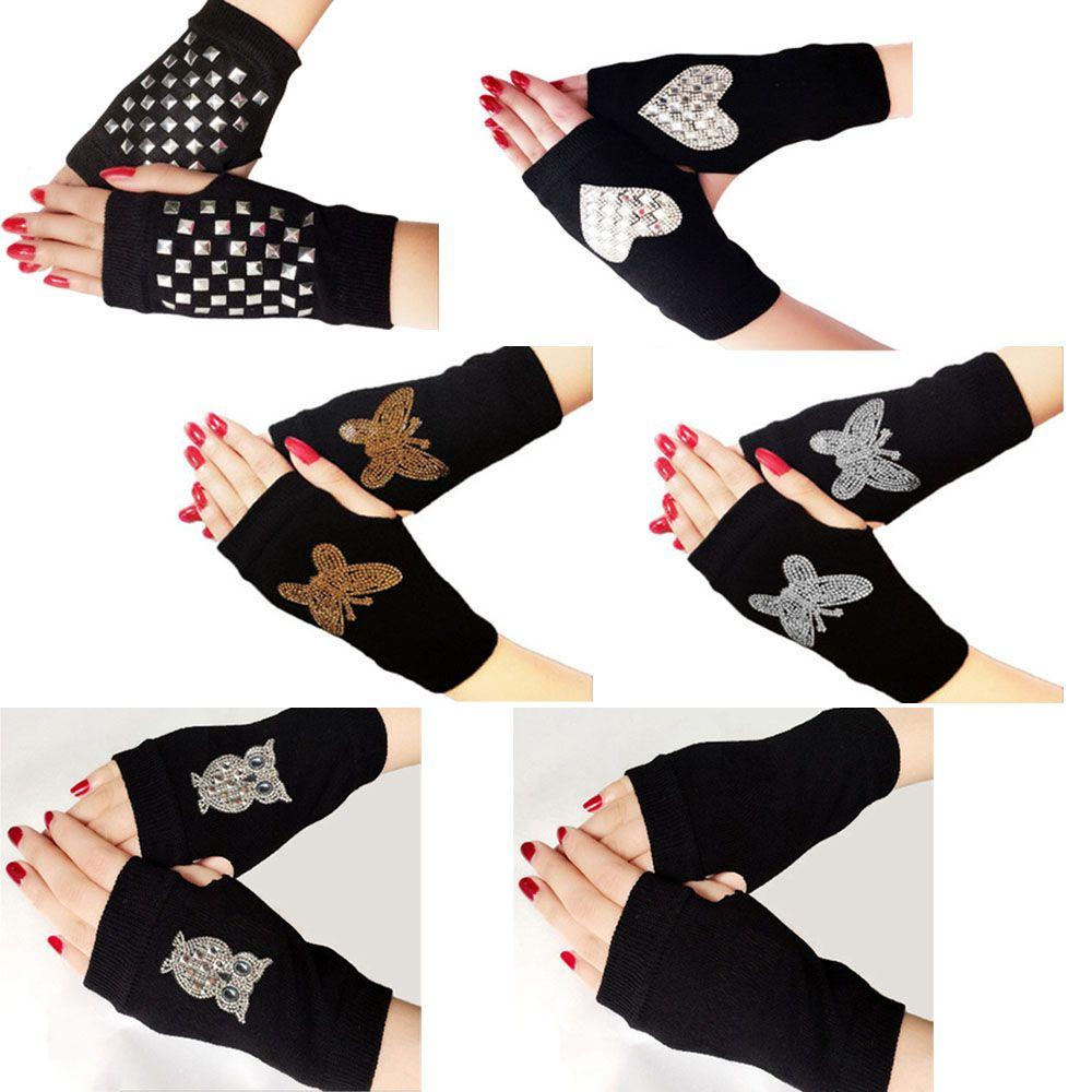 Rhinestone Wool Knitted Half Finger Computer Mittens Warm Gloves Fingerless Gloves