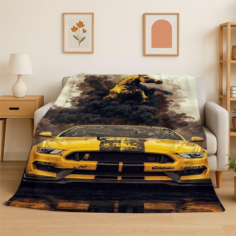 Retro Mustang Racing Car Sign Flannel Blanket Soft Warm Throw Blanket for Bedroom Living Room Bed Travel Camping Picnic Gift