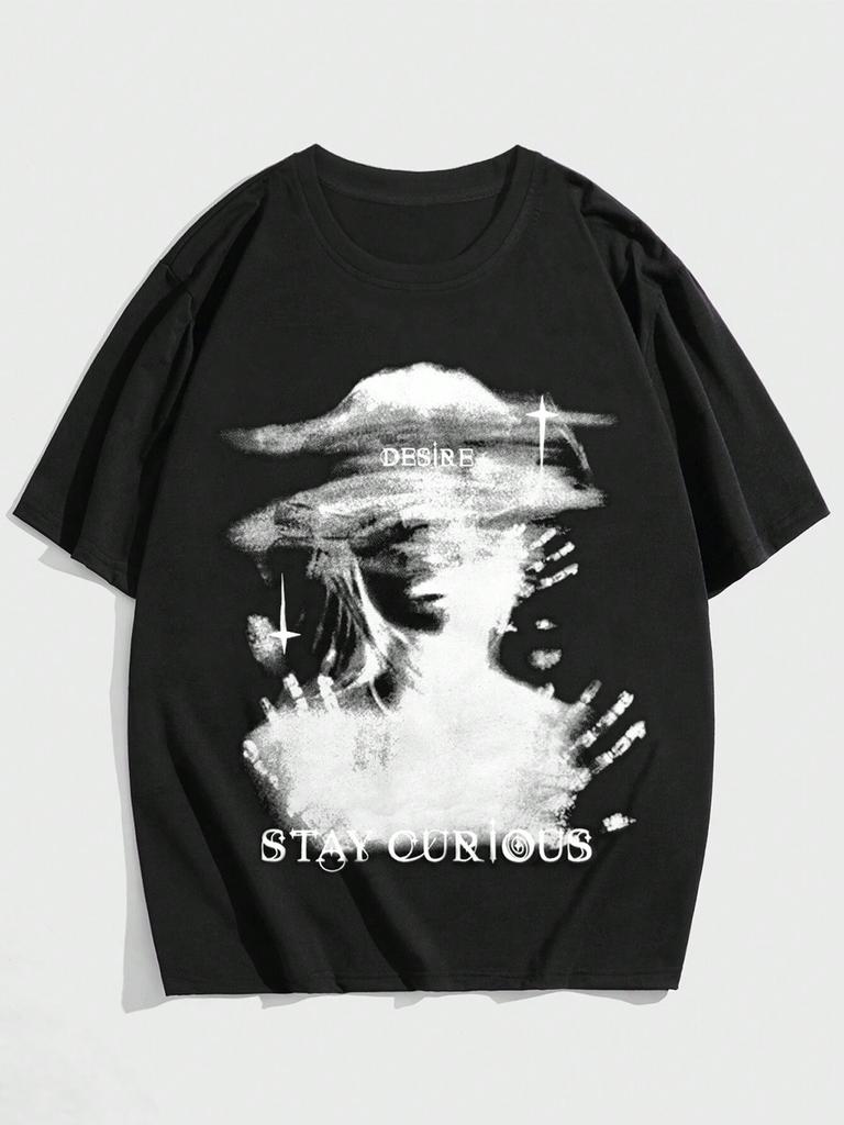 ROMWE Grunge Punk Men's Portrait Printed Oversized T-Shirt