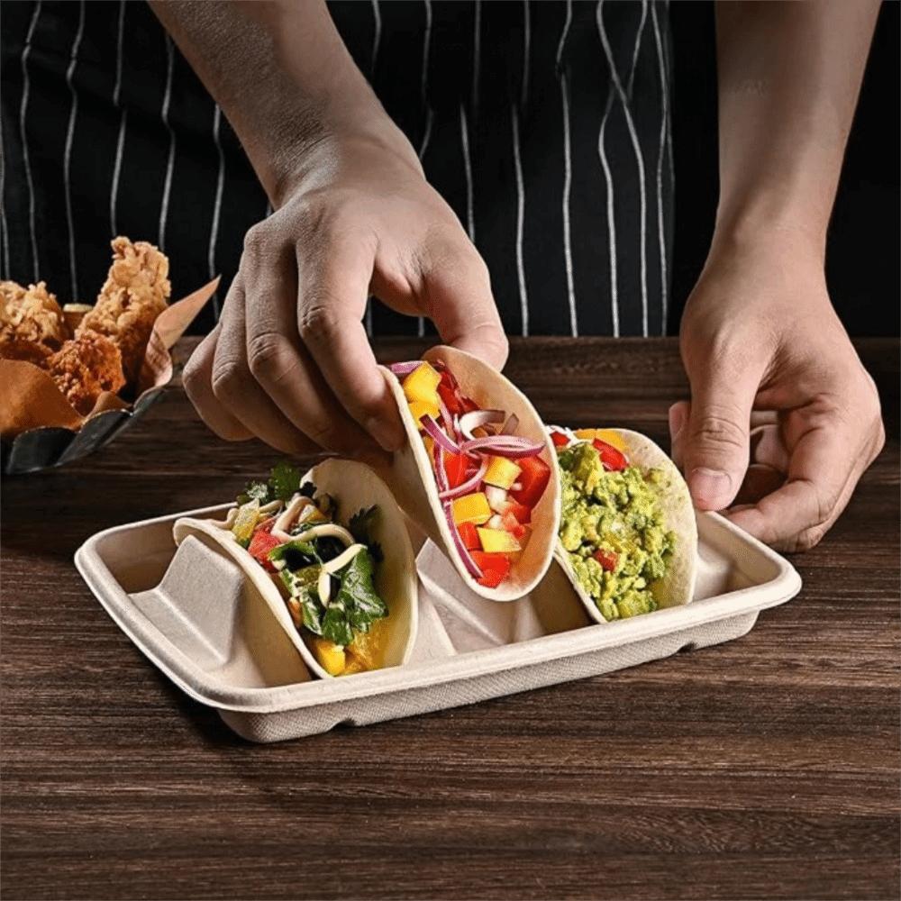 50Pcs 3 Compartments Disposable Taco Plates with Lid Taco Serving Tray Taco Holder  Restaurant
