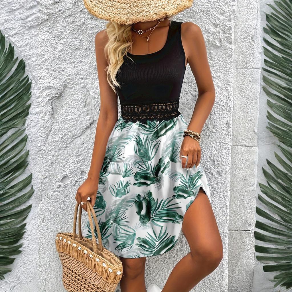Women's Fashionable Retro Printed Color Blocked Vest Casual Dress