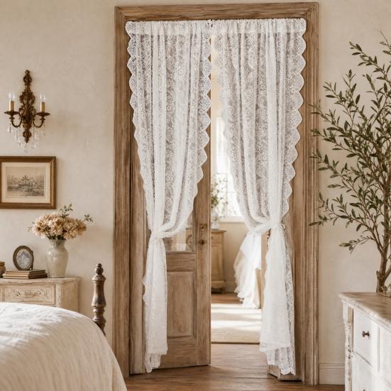 1 Panel White Lace Door Curtain, Sheer Room Divider Curtain, Retro Scalloped Floral Lace Curtain with Rod Pocket for Bedroom Balcony