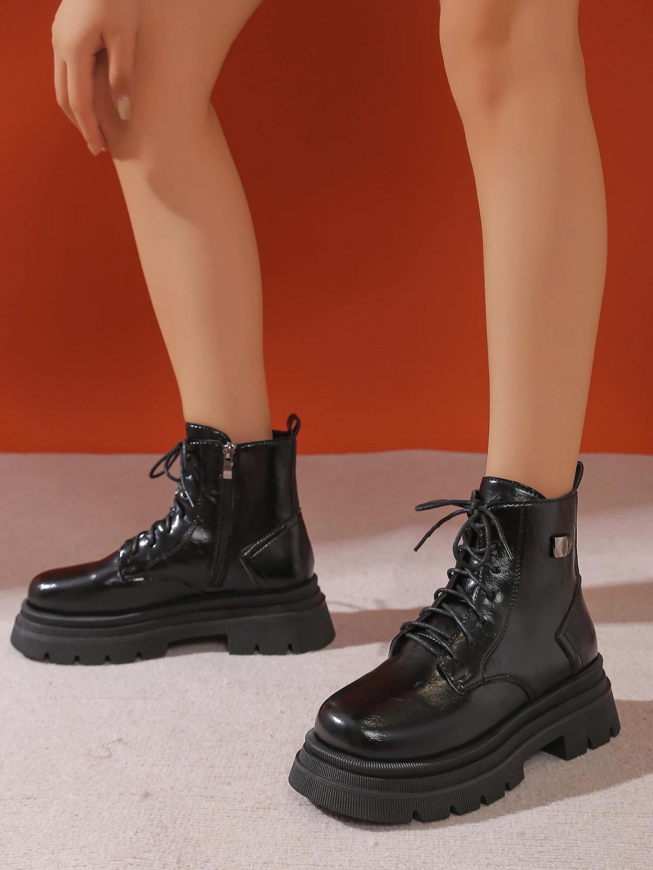 2024 бежево-черные новые женские ботильоны осень-зима на платформе со шнуровкой женские — фото 3