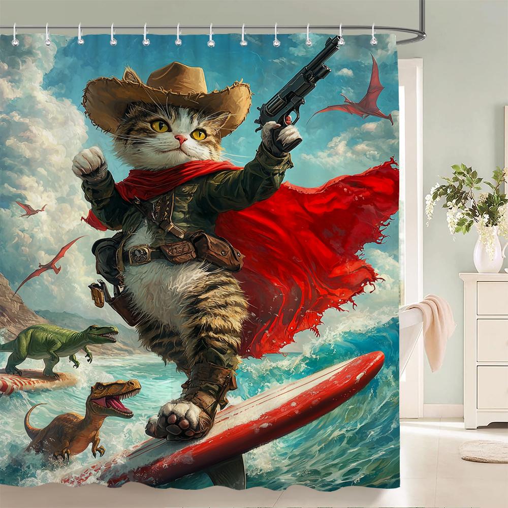 Funny and Creative Beach Cats and Dogs Fabric Shower Curtain Waterproof Polyester Bath Curtains for Bathroom Decorate with Hooks