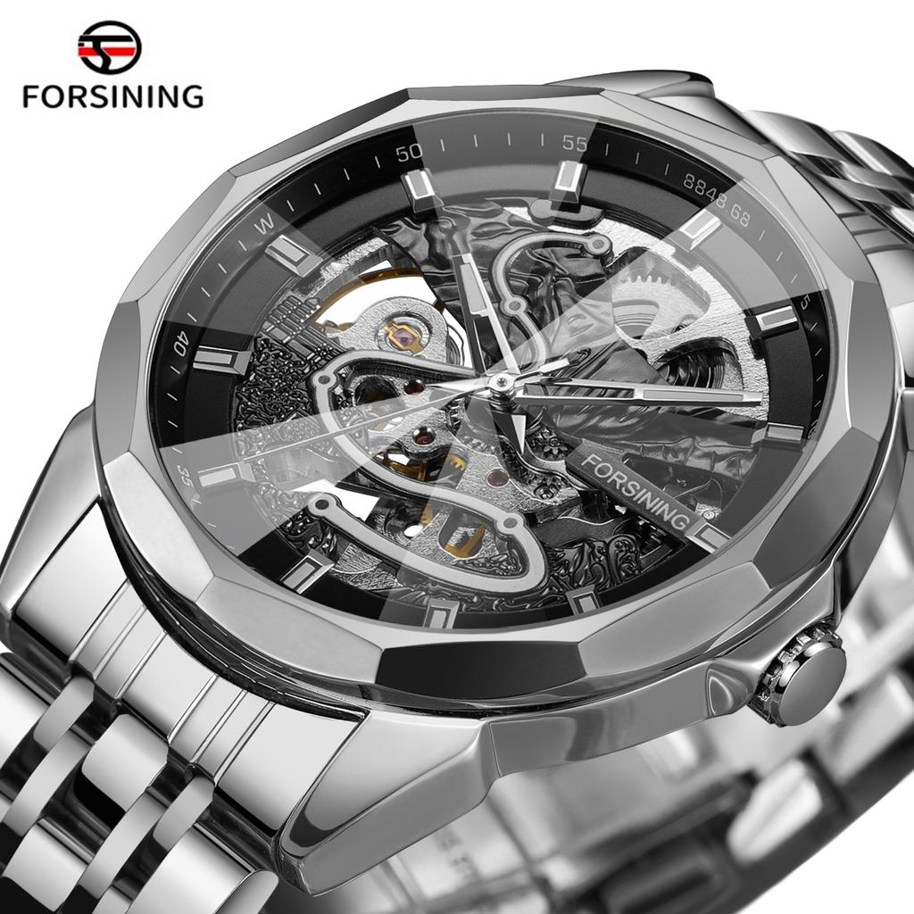 FORSINING Original Gold Skeleton Mechanical Man Watch Automatic Movement Clock Luxury Stainless Steel Men's Watches