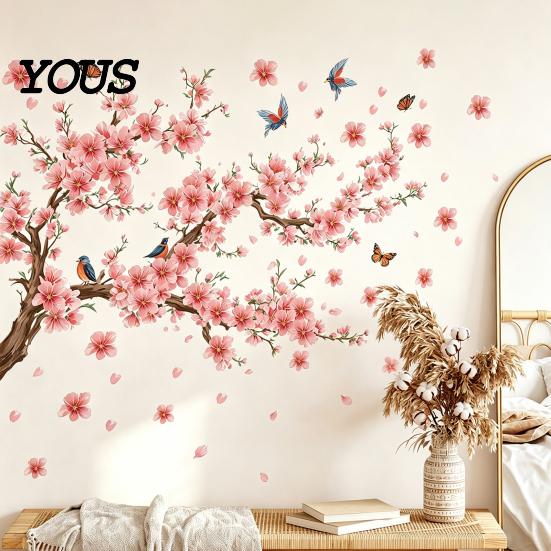 Modern Minimalist Room Aesthetics Stickers 2Pcs Sakura Wall with Butterflies & Birds, Peach Blossom Branch Easy Installation Floral Decor Decals,