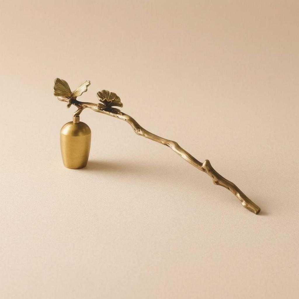 Ginkgo Leaf Candle Butterfly Accents Brass Long Handle