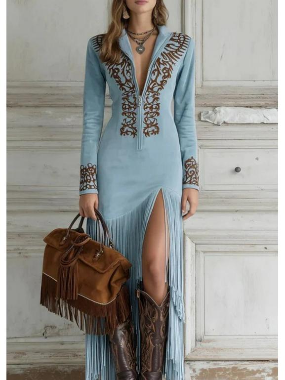 

Европейское вестерн-ковбойское замшевое платье 2025 года с вышивкой и бахромой - Облегающее, с длинным рукавом, для весны и осени Extra Small