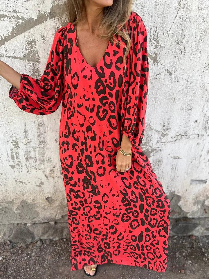 Women's Long Sleeve V-Neck Loose Fit Leopard Print Maxi Dress with Pockets, Multiple Colors & Patterns