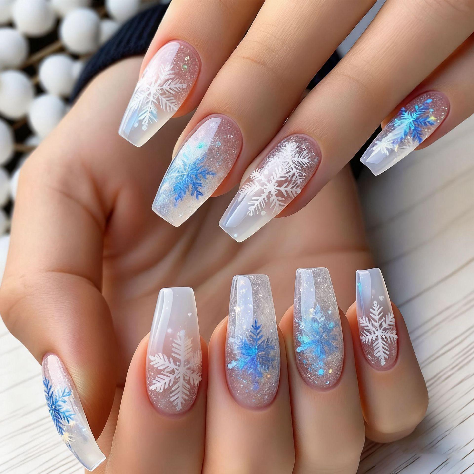 Ice Blue Gradient French Ballet False Nails with Glitter Snowflake Design