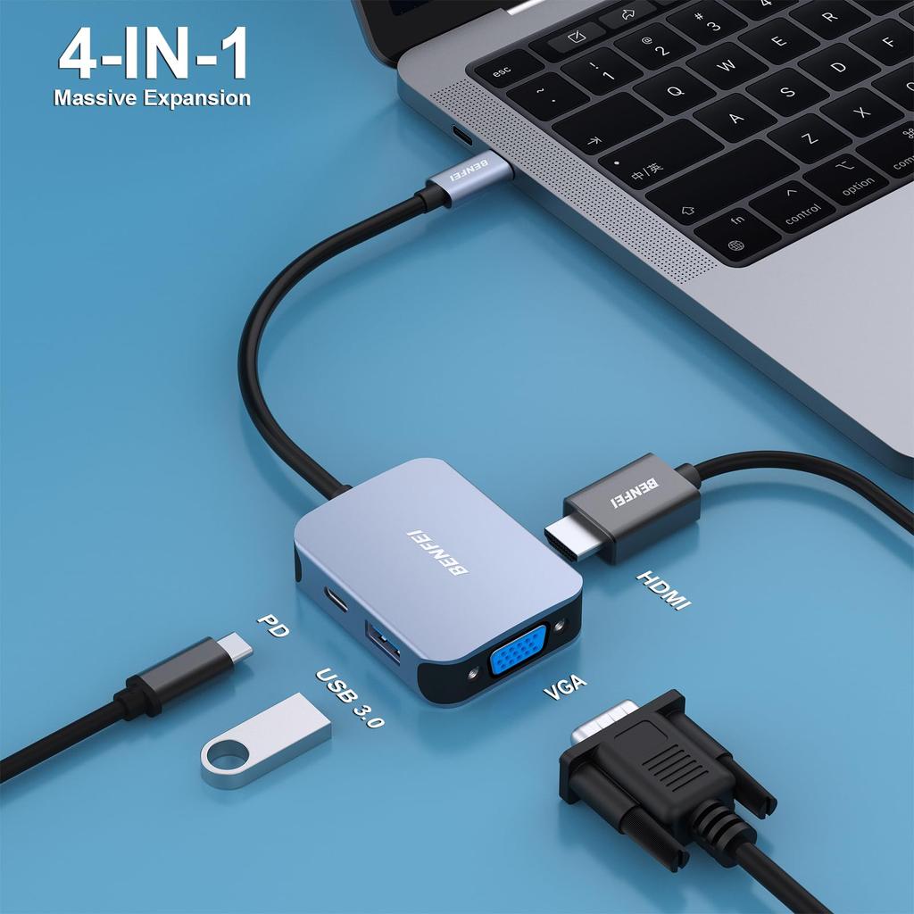 BENFEI USB C USB C auf HDMI VGA USB PD Lade HDMI VGA Konverter Thunderbolt iPhone 15 MacBook iPad XPS 4-in-1 Hub, 3.0 Adapter, Typ-C Adapter, 3/4