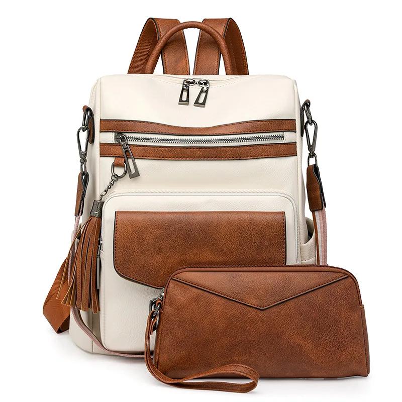 

Retro Fashion Women s Backpack 2pc Set Large Capacity Lady Designer Backpacks Double Color Fringed Back Pack Bags for Women
