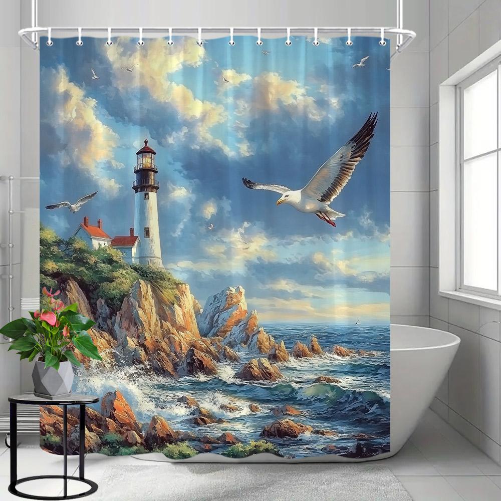 Coastal Lighthouse Shower Curtain, Beach Theme Shower Curtain with Blue Wooden Boats and Seagulls, Bathroom Decor with Hooks