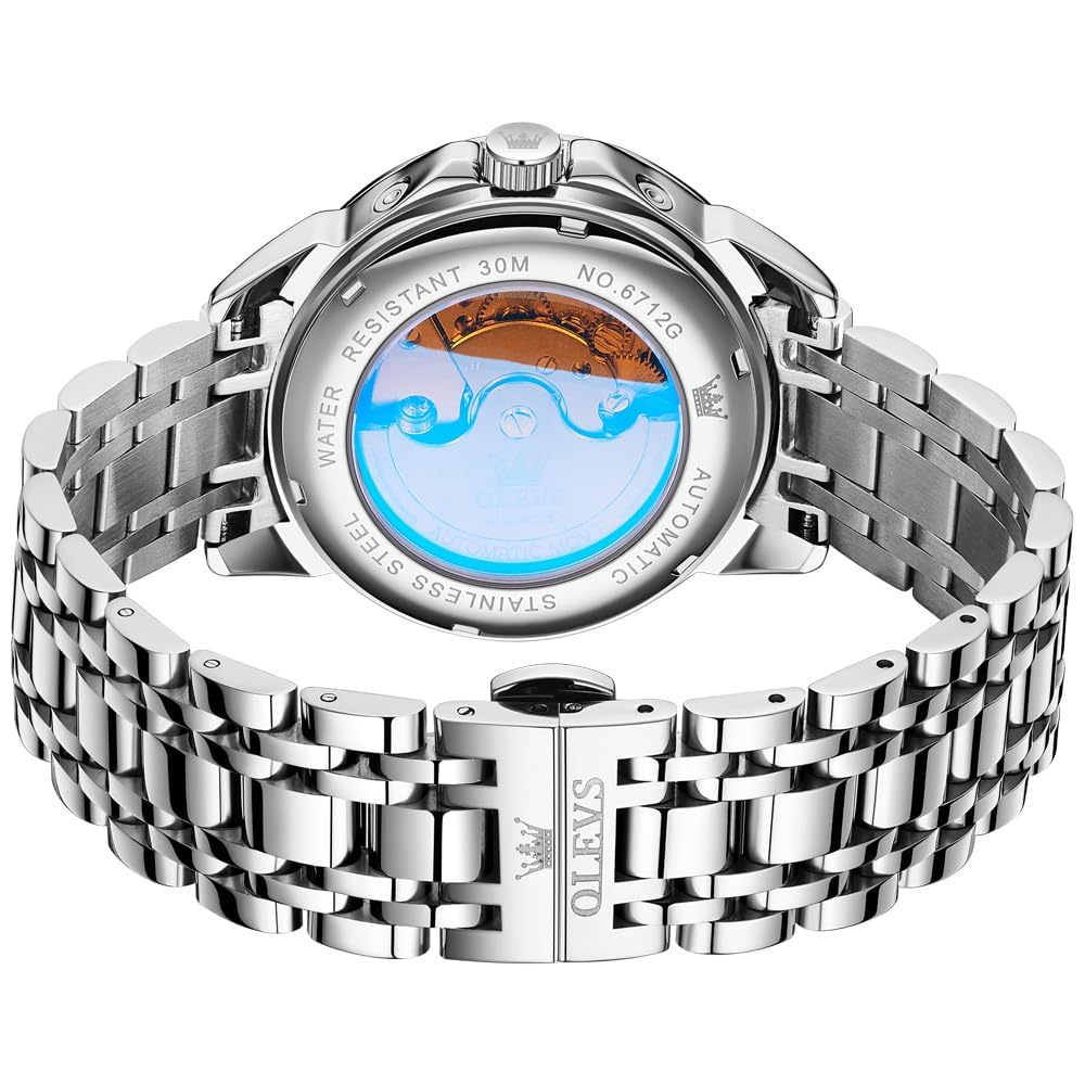 OLEVS Men's Automatic Skeleton Watch Diamond Calendar Waterproof Stainless Steel White