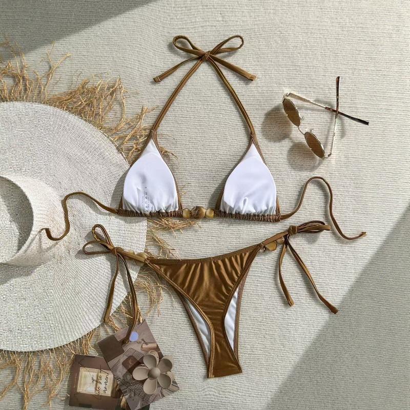 Women's bikini and new camisole triangle set, shiny brown swimsuit, two-piece push up swimsuit