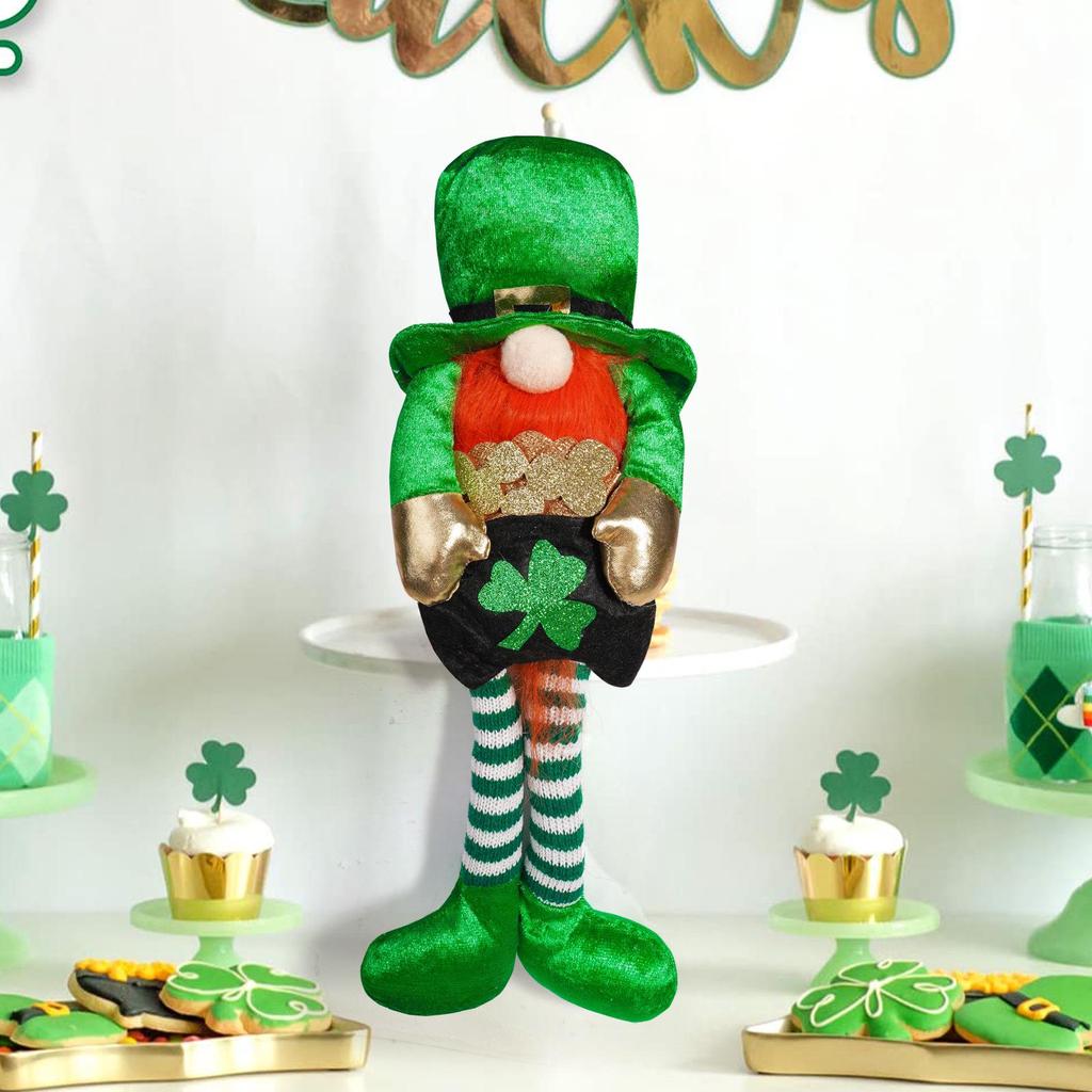 St. Patrick's Day Long-Legged Gnome Doll with Four-Leaf Clover - Green Ornament for Home Decor