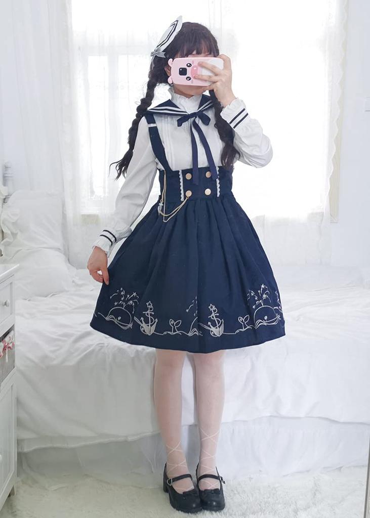Lolita Long Sleeve Blouse High Waist Skirt Ribbon Tie Sailor Collar Claroli Costume Photo Shoot Cosplay Navy 4 Piece Set [Lady Lazy] (S)