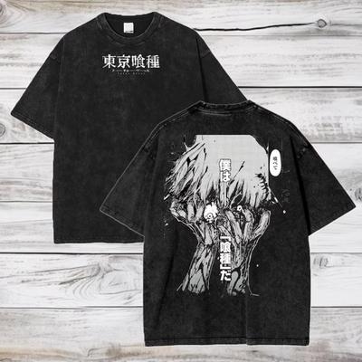 Tokyo Ghost Ken Kaneki T-shirt Manga Graphic Tshirt Vintage Washed Oversized T Shirt Men Women Clothing