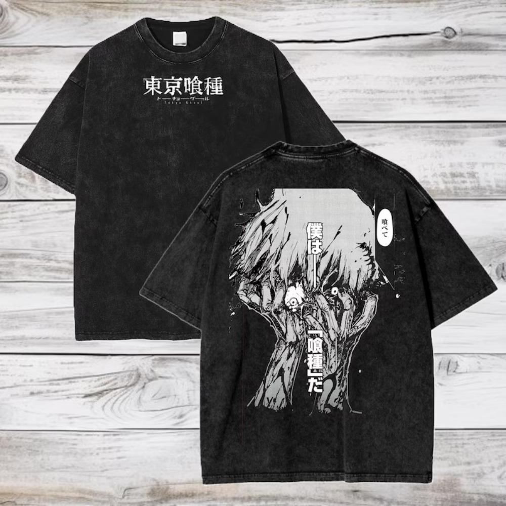 Tokyo Ghost Ken Kaneki T-shirt Manga Graphic Tshirt Vintage Washed Oversized T Shirt Men Women Clothing
