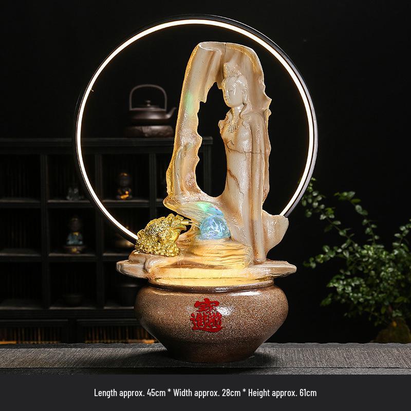 Zen Guanyin Buddha Statue with Golden Cicada Lamp and Flowing Water Fish Tank for Home Entrances.
