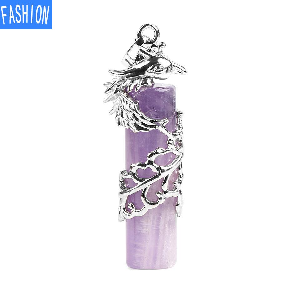 Creative Mascot Wrapped Natural Stone Cylindrical Pendant And Pink Crystal Necklace
