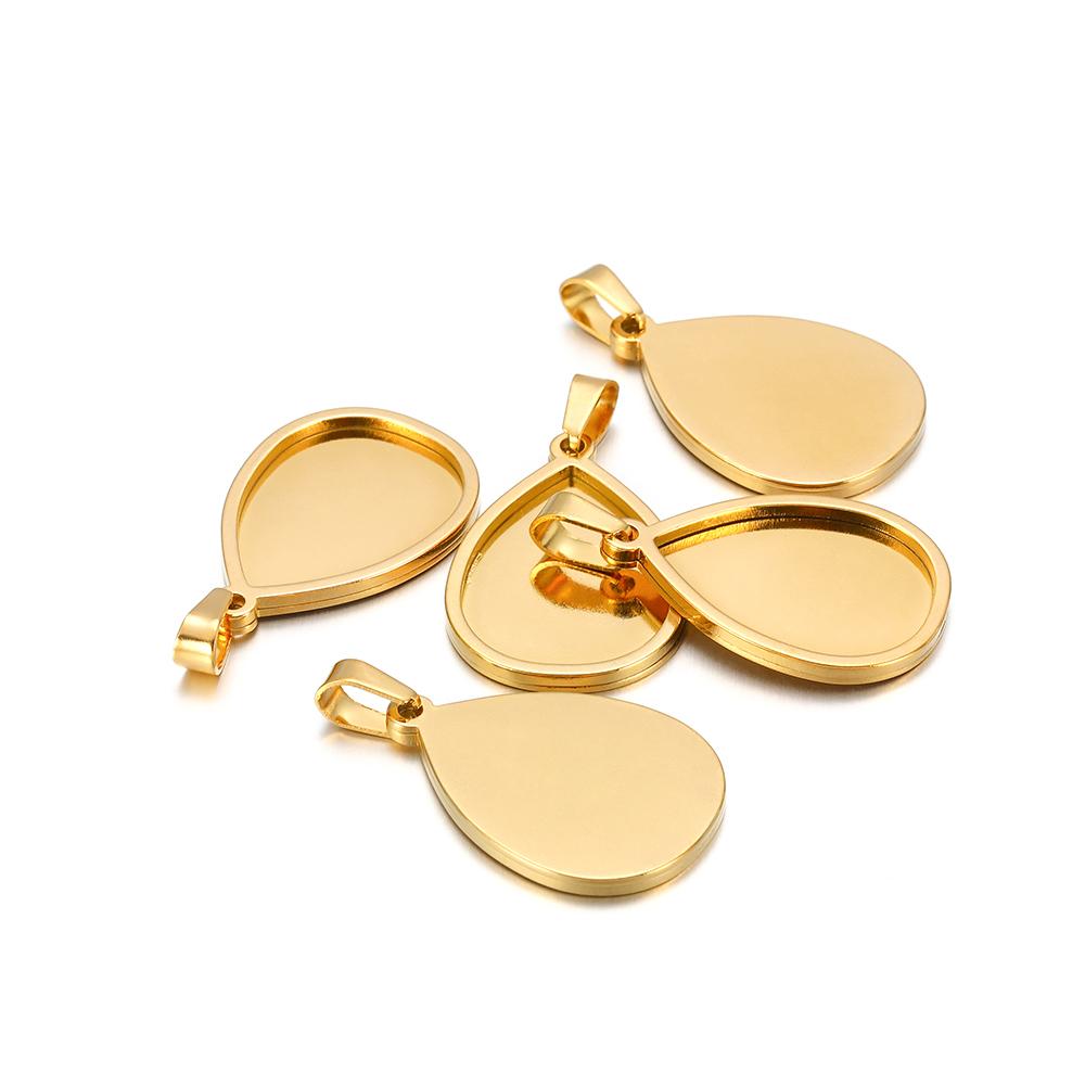 5Pcs Stainless Steel 18*25mm Drop Cabochon Cameo Base Setting Charms Round 15mm Connectors Pendant Necklace Jewelry Findings