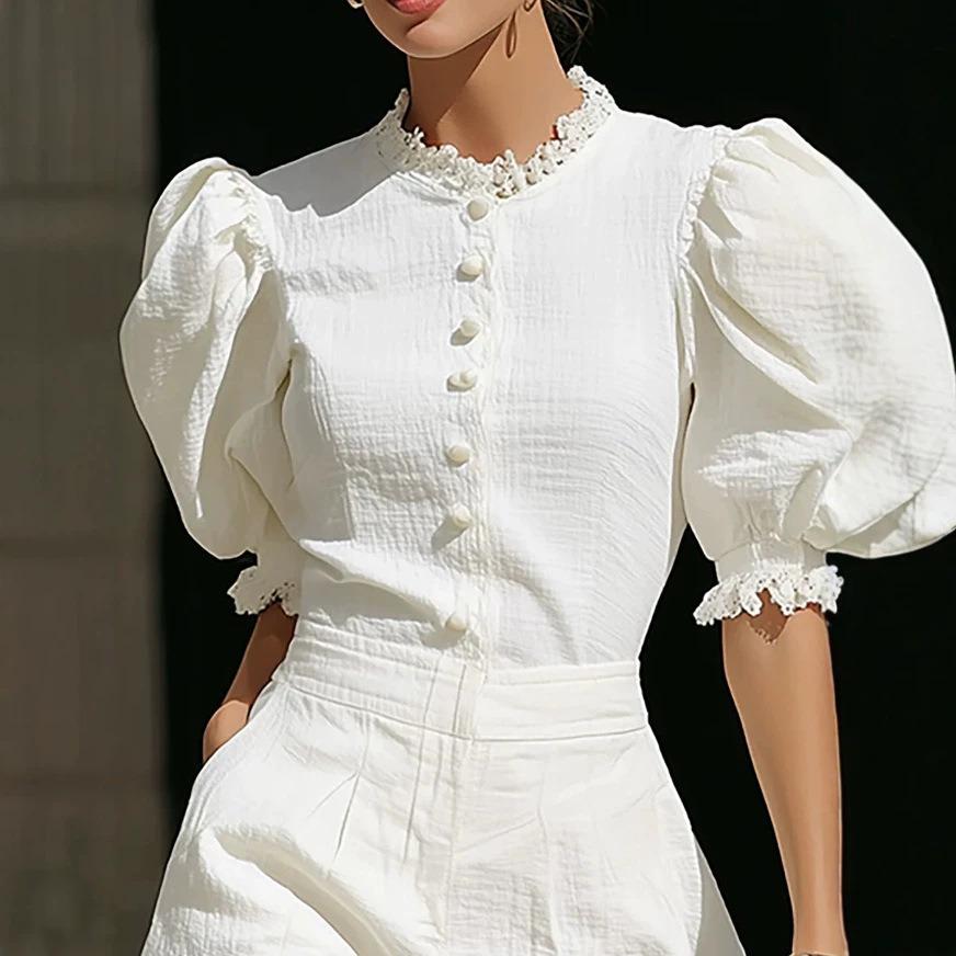 Spot new European and American fashion ruffle edge lantern short-sleeved top and shorts two-piece set for women