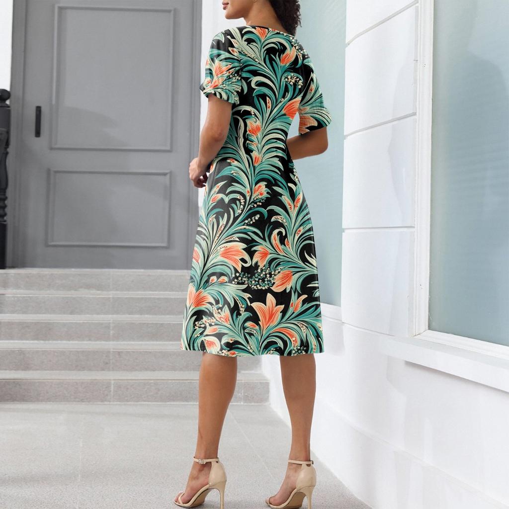 Beach Dresses For Women Spring Summer Elegant Wrap V Neck Floral Boho Dress Flowy Ruched Hawaiian Maxi Dress