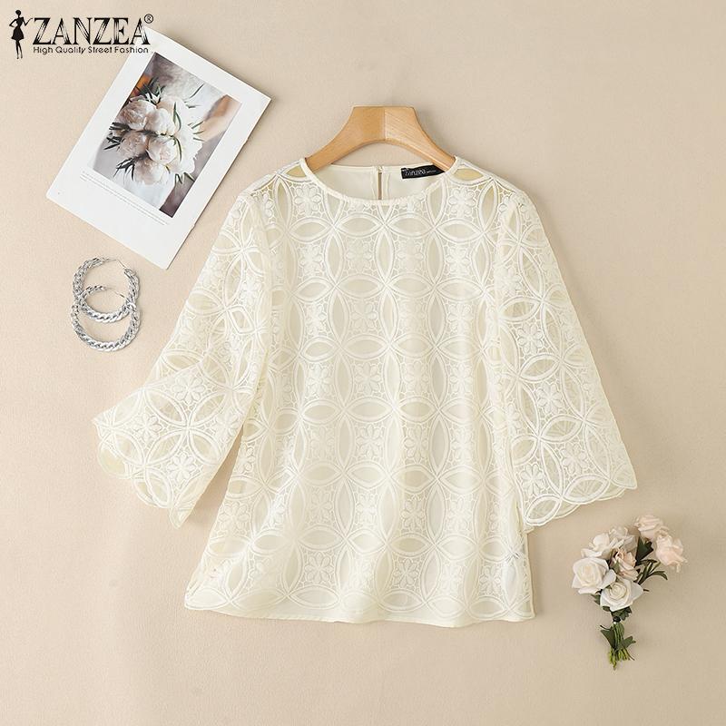 ZANZEA Women Casual Round Neck 3/4 Sleeve Loose Patchwork Lace Blouse