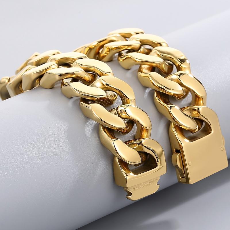 32mm Wasserdicht Goldfarbe Edelstahl Metall am Handgelenk Armbänder für Mann Kettenglied Cuban Link Hip Hop Armband Armreif Schmuck Männer