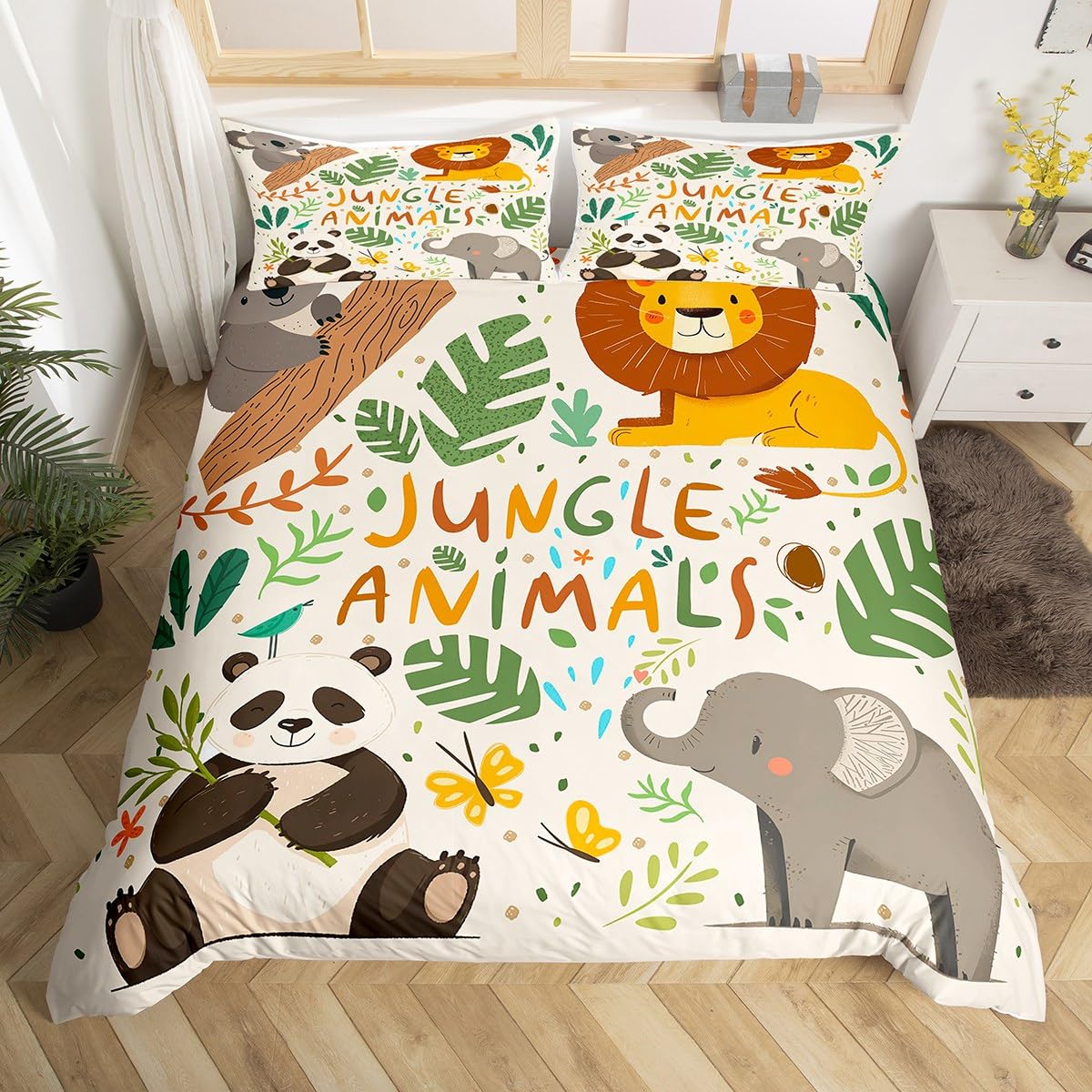 

Комплект постельного белья с рисунком панды, двойной, зеленые листья, пододеяльник с изображением диких животных и растений, синий, масляная живопись, художественный пододеяльник EU Single(135x200cm)