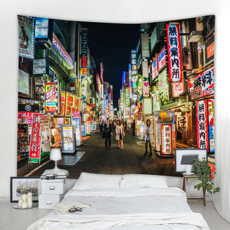 Tokyo night tapestry city nightlife Japanese style wall hanging bedroom home decoration bohemian hippie printed bed sheet