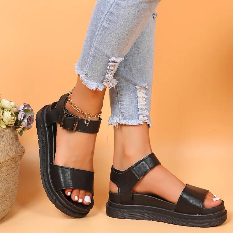 Fashion Women's Leather Sandals One-word Belt Buckle Roman Shoes Ladies Open Toe Flat Sandal Shoes Beach Holiday Sandals Sandalias