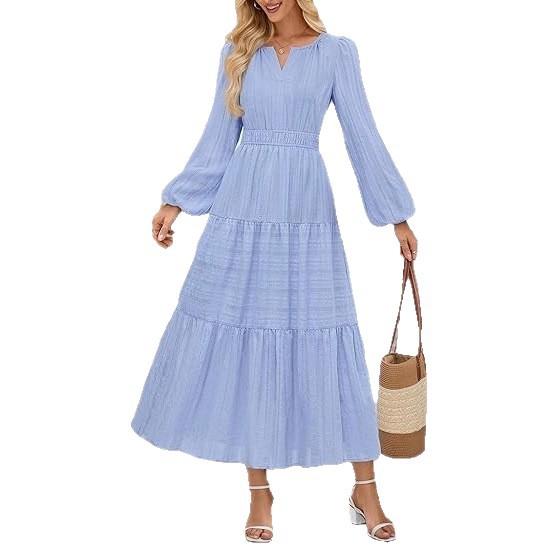 Black V-Neck Long Sleeve Flared Dress with Textured Fabric and Waist Gather