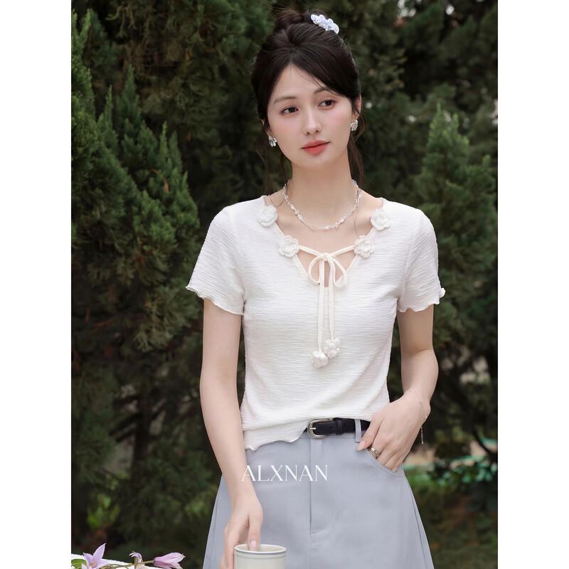 Luxiangnan Women s French Chic V-Neck Short Sleeve T-Shirt S