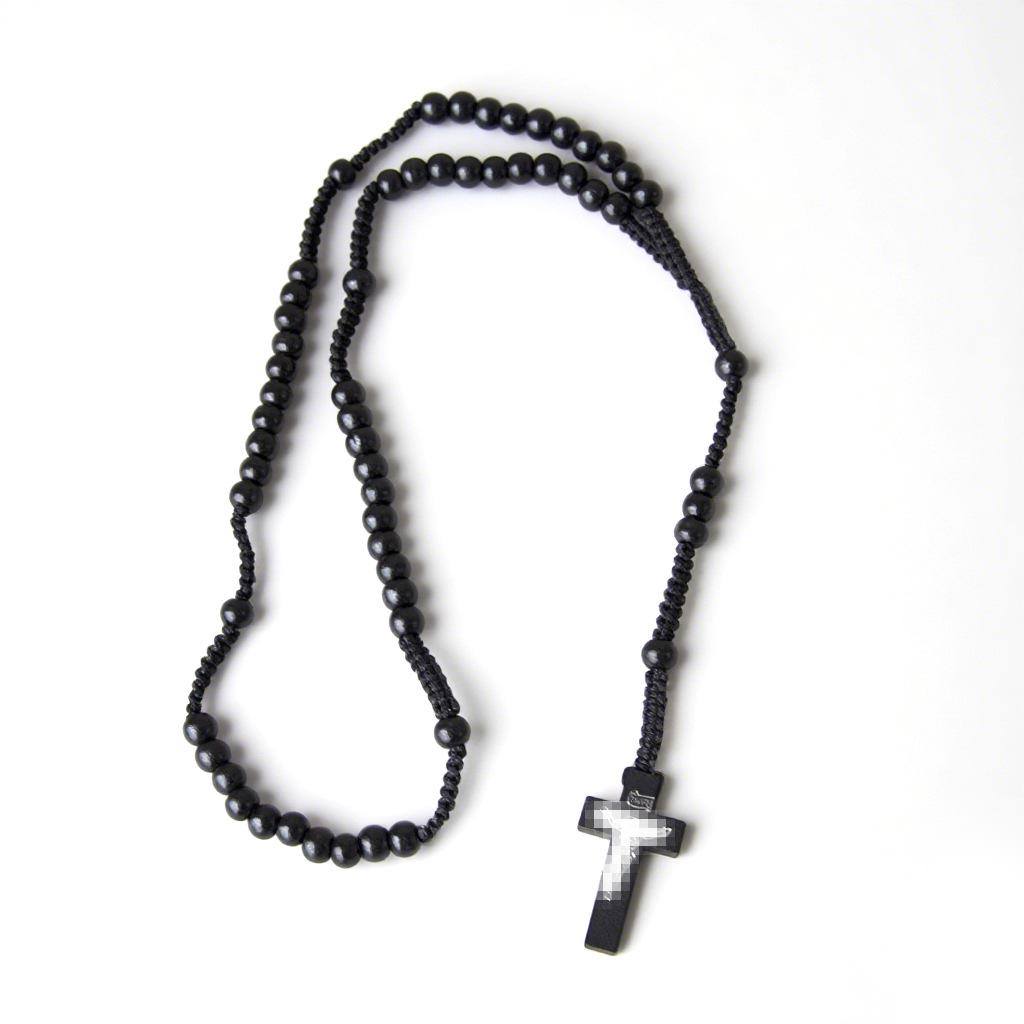 In Stock: Natural Wood Bead Cross Rosary Necklace - Hand-Woven Prayer Jewelry