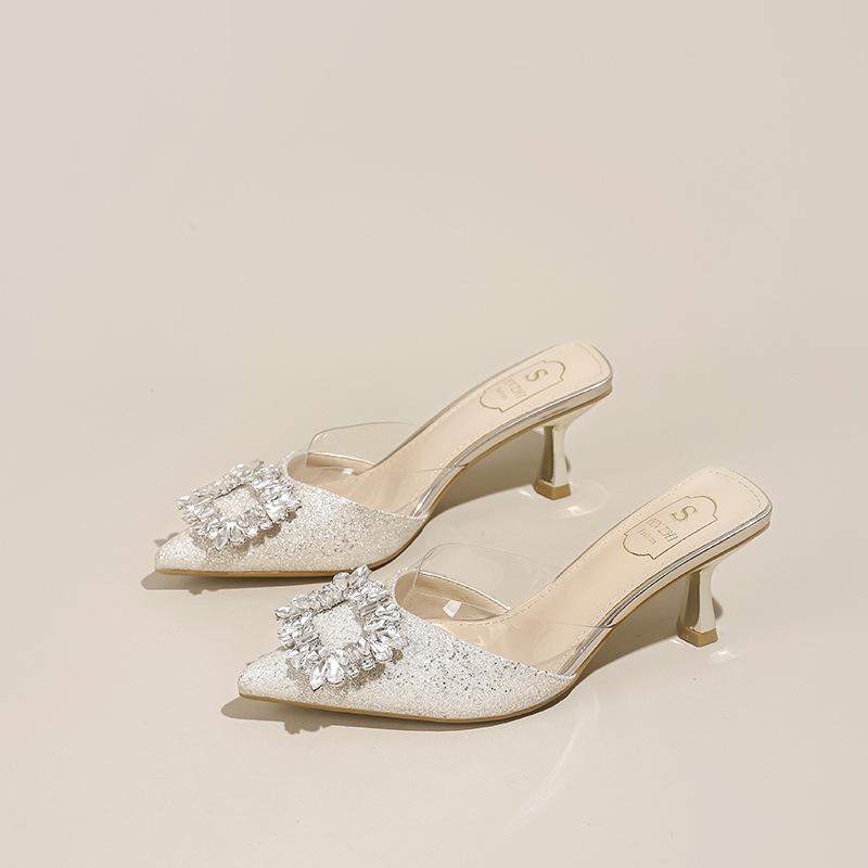 

Champagne rhinestone square buckle thin heel bag head drag women s summer skirt thin flash large size high heel slippers 34 шампанского