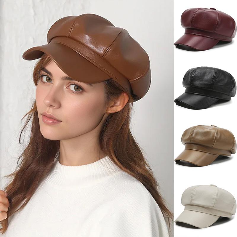 1PC PU Leather Winter Fall Peaked Caps Adjustable Painter Hat New Berets Women Hat Solid Color Beret Octagon Slimming Face