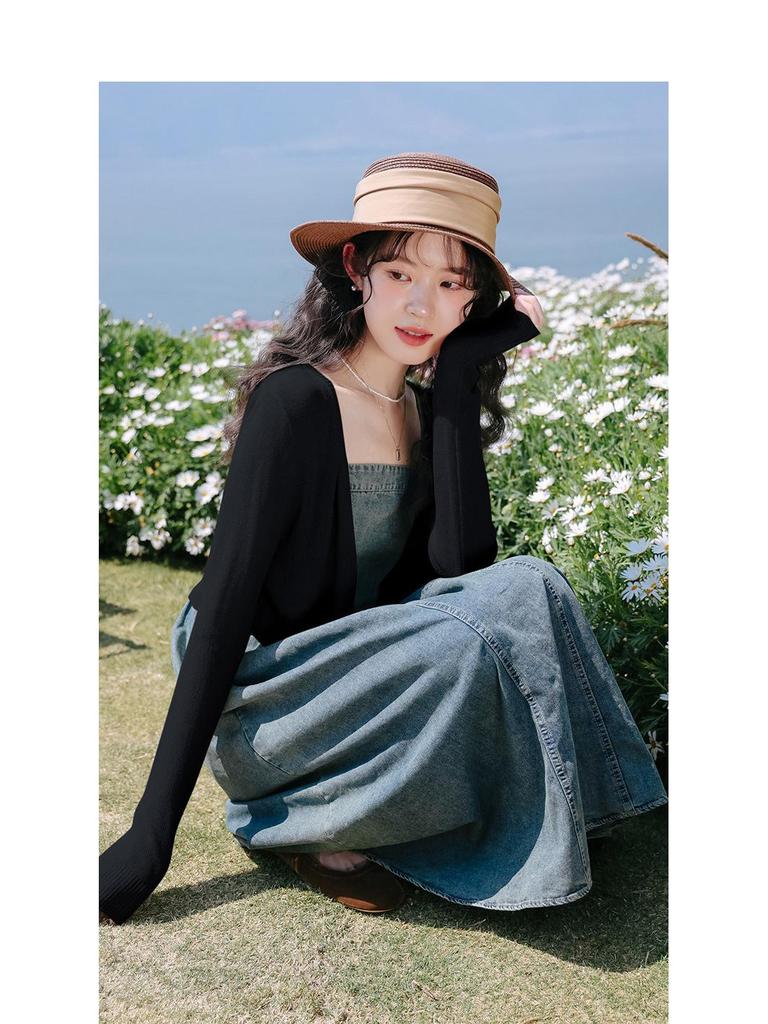 Women's 2024 Summer French Retro Denim Knot Cardigan & Camisole Dress Set