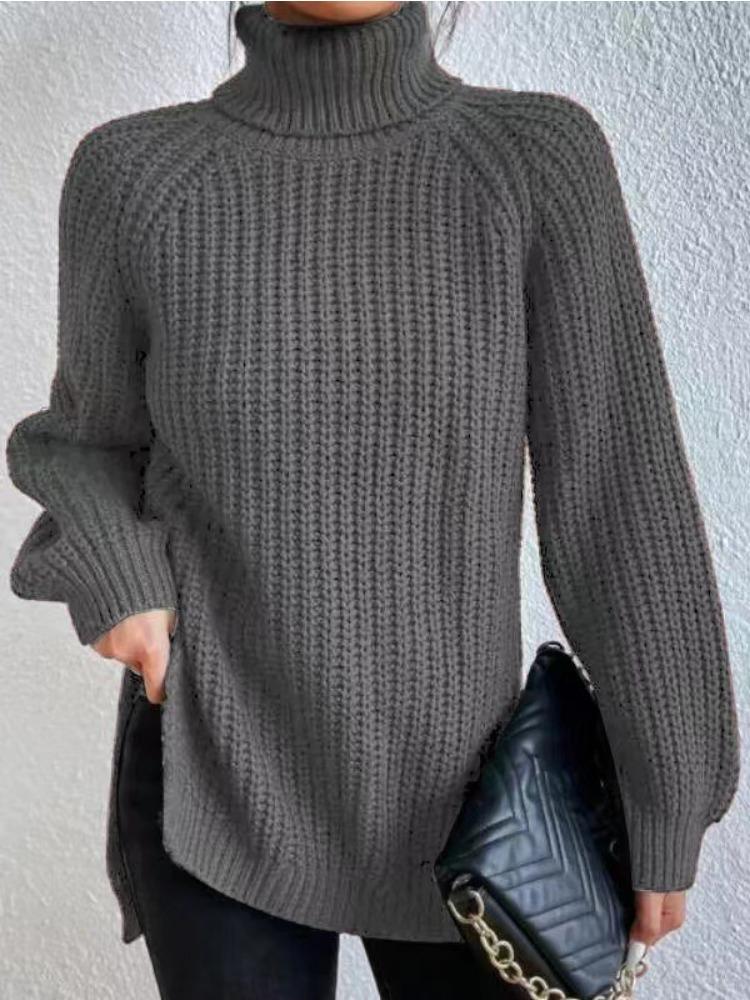 Autumn Winter Knitwear Mid Length Raglan Sleeve High Collar Split Hem Sweater Dress Luxurious Relaxed-fit Slimming and Versatile Top