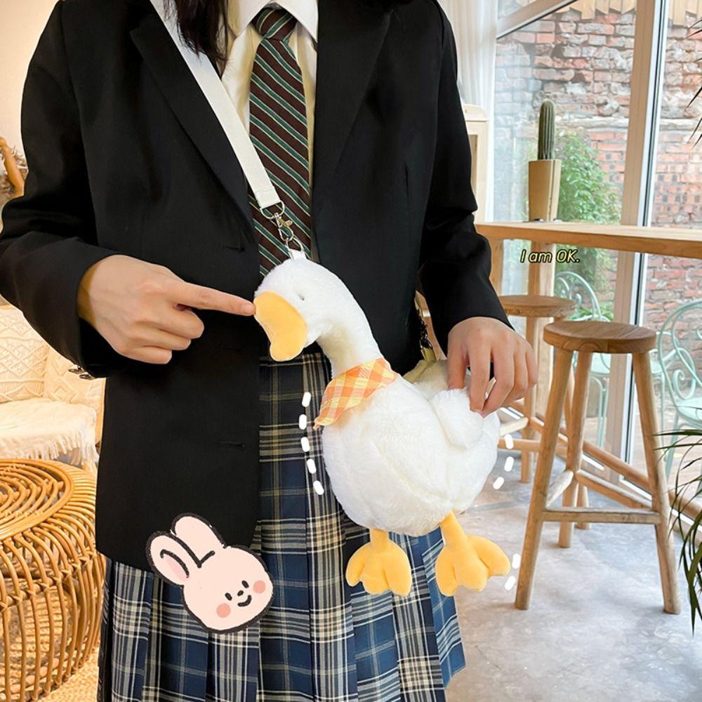 Solid Color Cute Duck Crossbody Bag Zipper Shoulder Bags Casual Big Goose Plush Bag  Streetwear