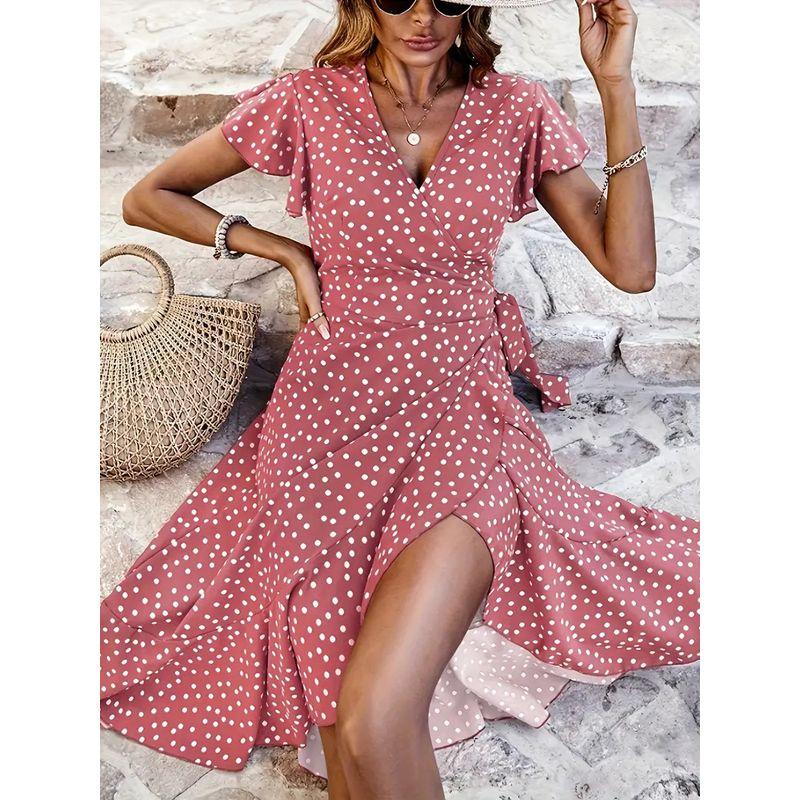 

Summer V Neck Fashion Polka Dot One Piece Shoelace Waist Trimming Ruffles Asymmetrical Mid Length Long Length Short Sleeve Dress Women Pink L