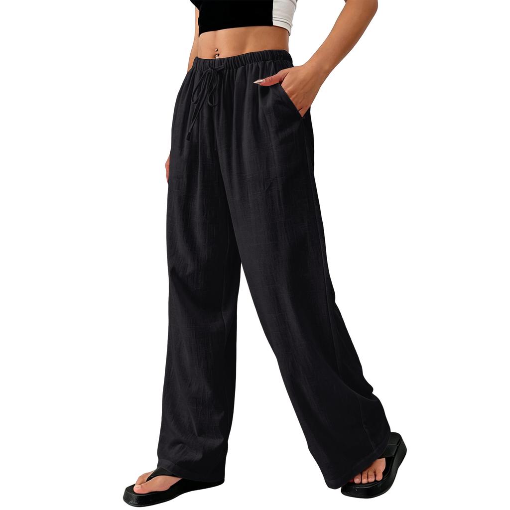 Women’s Summer Loose Fit Straight Leg Long Pants with Elastic Waistband Drawstring and Relaxed Draped Trousers for Casual Wear