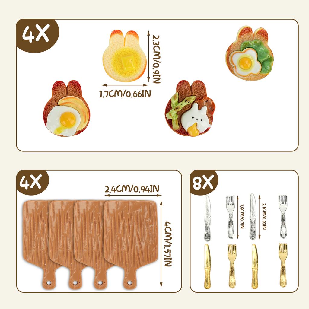 16pcs Simulation Food Play Rabbit Cheese Fried Egg Toast Tray Mini Knife And Fork Set Miniature Scene Doll House Decoration