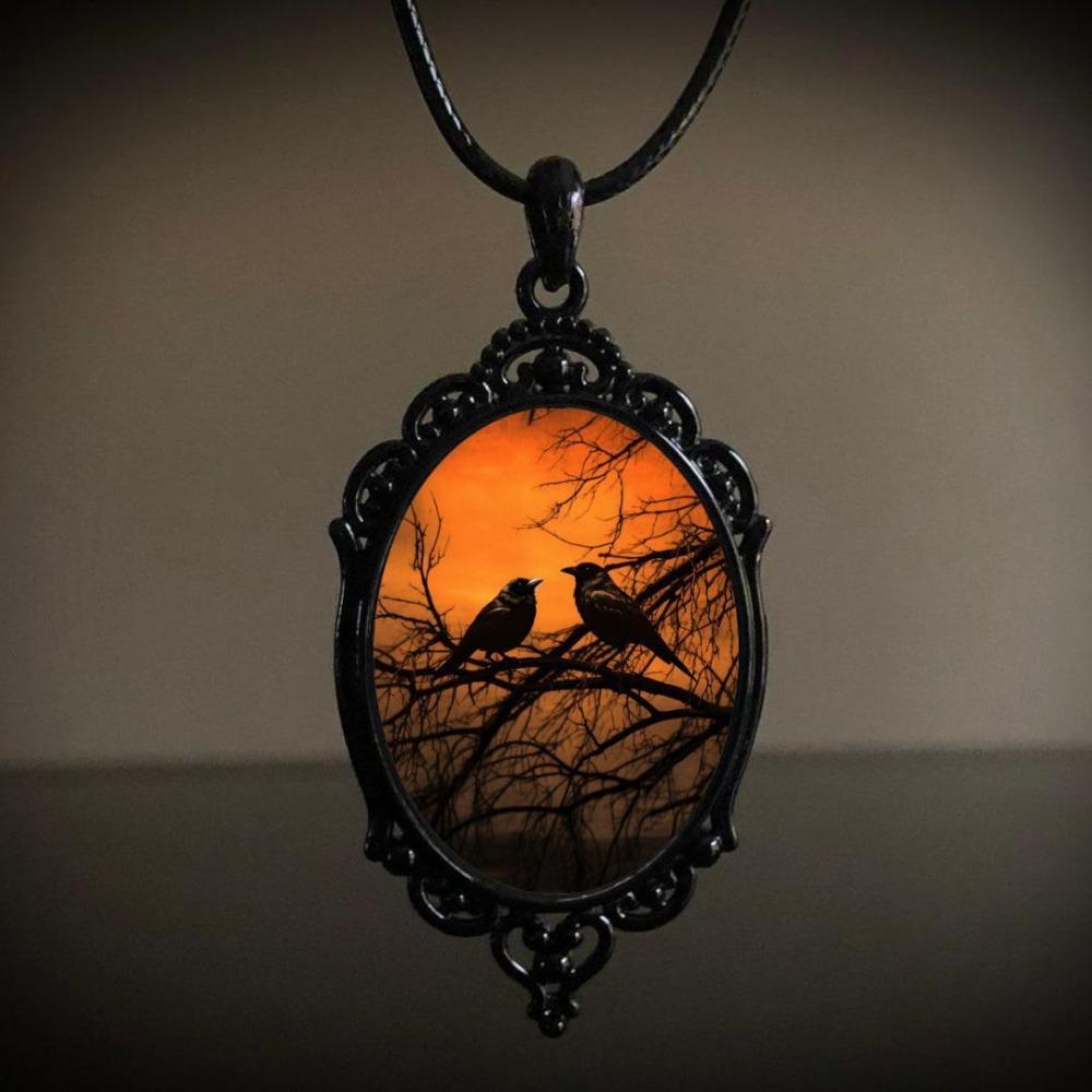 Gothic Black Oval Bat Castle Crow Cross Cemetery Vampire Pendant Leather Rope Necklace for Women Men Hallowmas Jewelry Gift