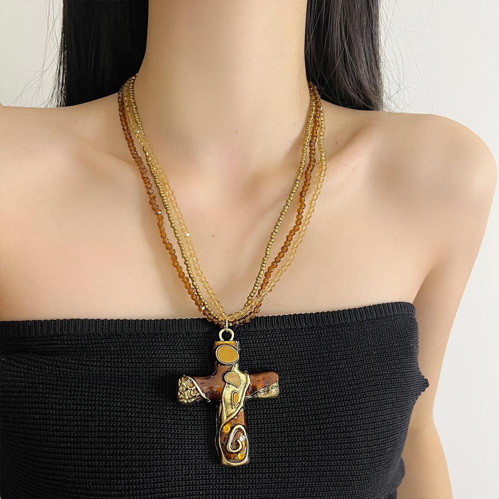 Multicolor Beaded Chain Necklace Metal Pendant Sweater Necklace Trendy Gothic Cross Necklace Women