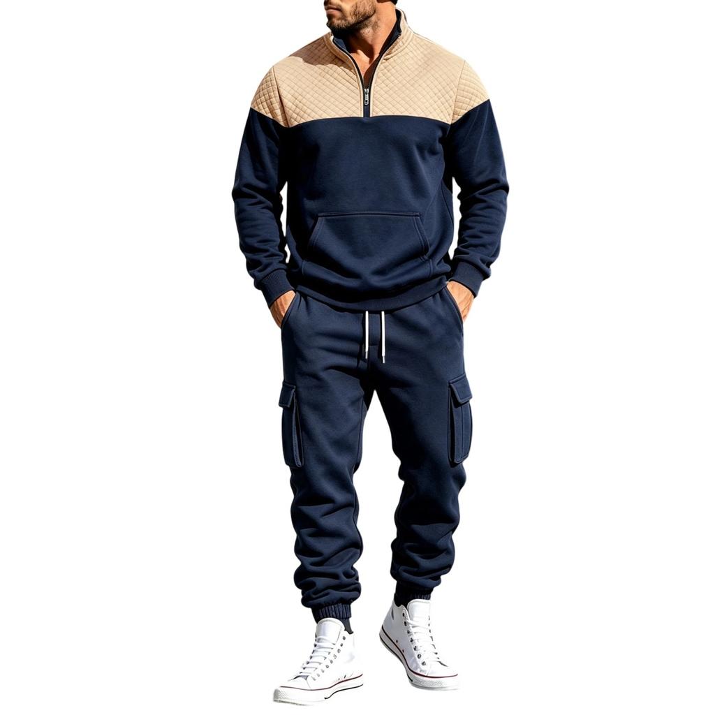 Men's Lined Track Suit with Stand Collar - Casual Color Block Sweatshirt and Pants Set, Loose Fit Two Piece Outfit for Fall Winter Outdoor