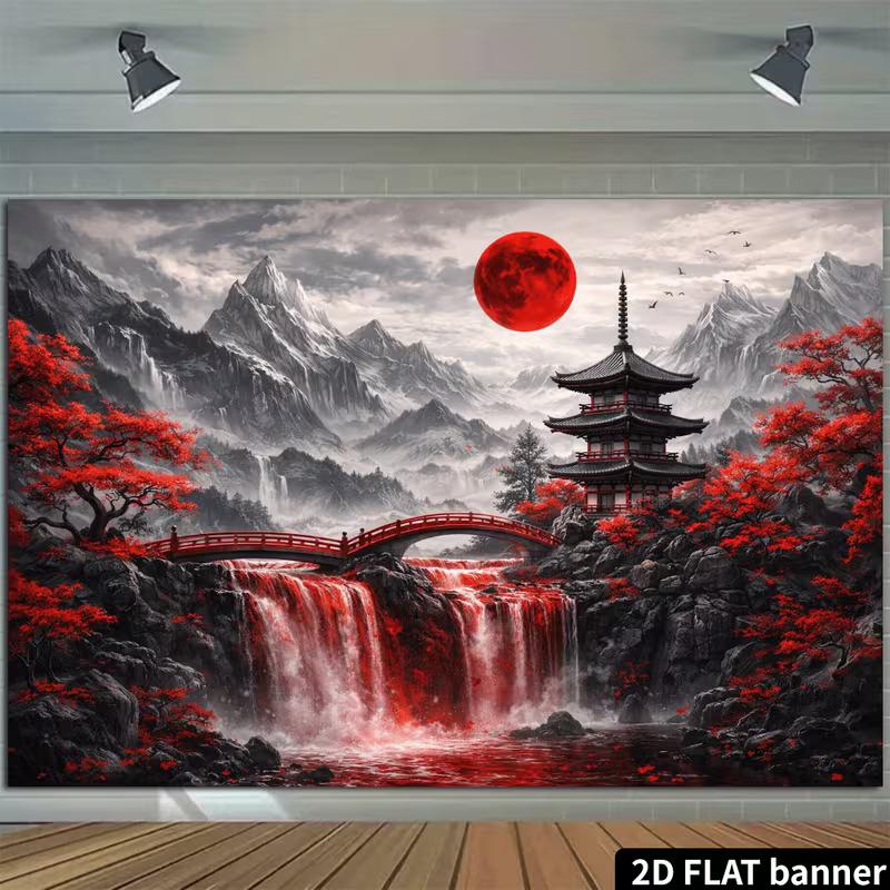 2D Red Maple Blood Moon Japanese Temple Tapestry for Asian Themed Home Decor