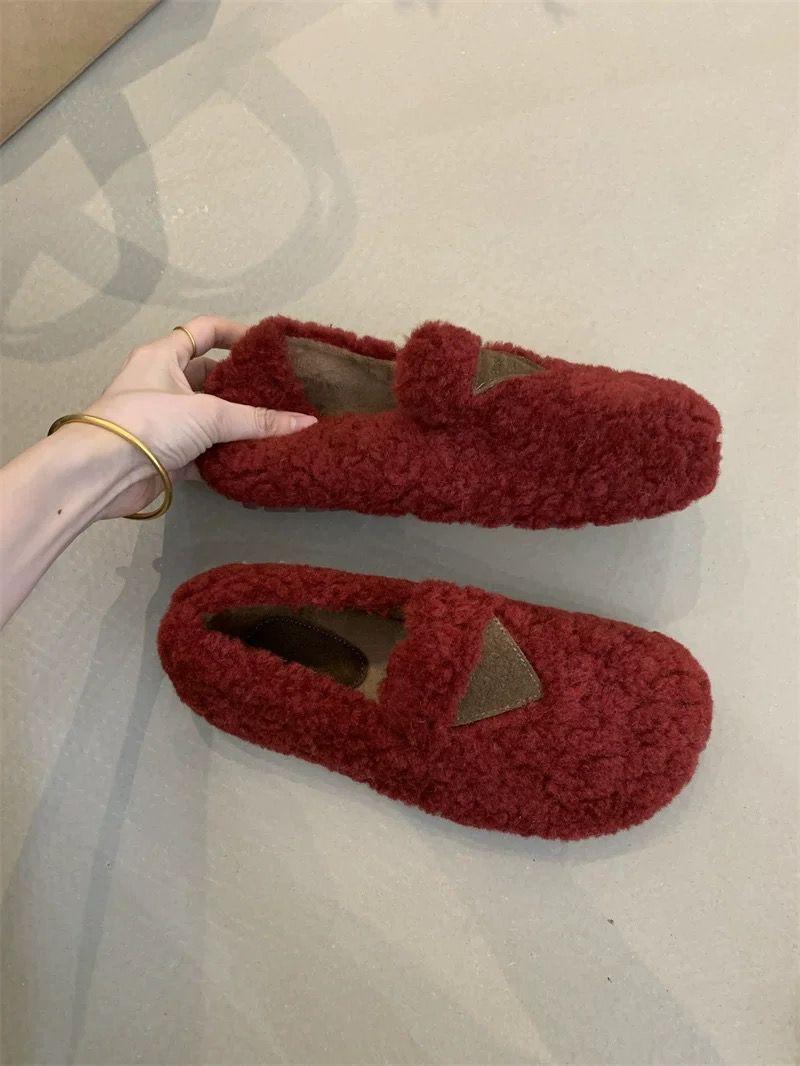 

Туфли с круглым носком из овечьего меха, женские мокасины из меха ягненка, теплая зимняя обувь, женские мокасины из овечьей шерсти, туфли-лодочки из кудрявого меха, роскошный дизайнер 35 красный